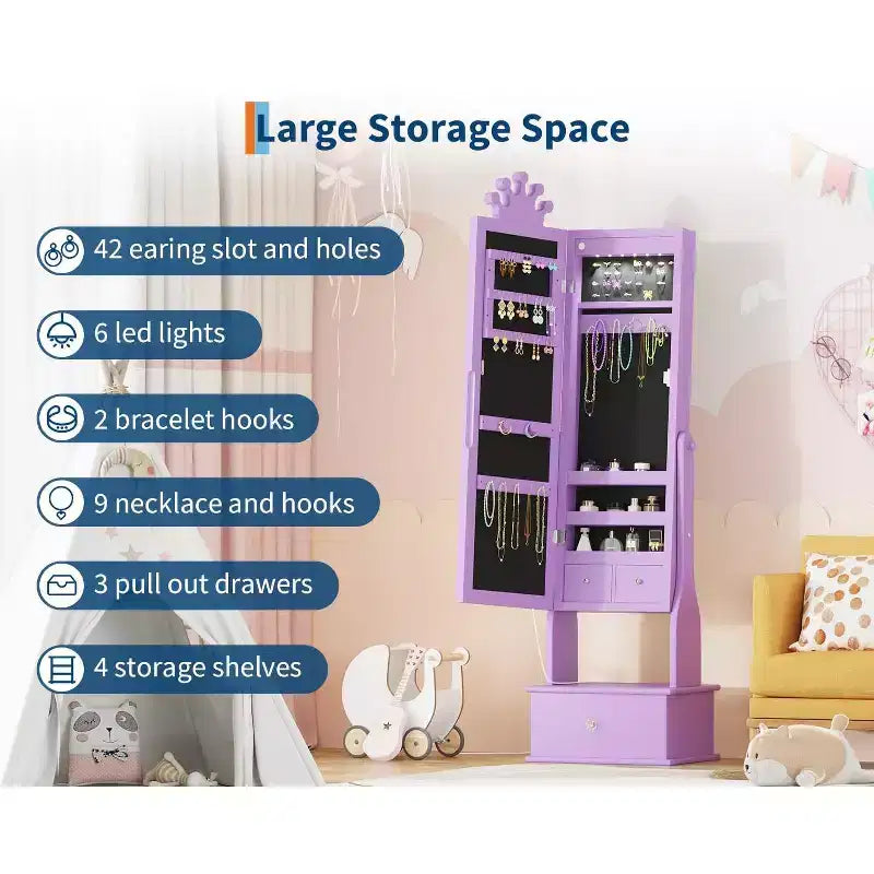 Armadio Portagioie per Bambini con Specchio a Figura Intera, Organizzatore Portagioie Autoportante con 46 Vani e Cassetti, Mobile Toilette Trucco per Bambini