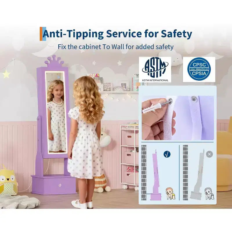 Armadio Portagioie per Bambini con Specchio a Figura Intera, Organizzatore Portagioie Autoportante con 46 Vani e Cassetti, Mobile Toilette Trucco per Bambini