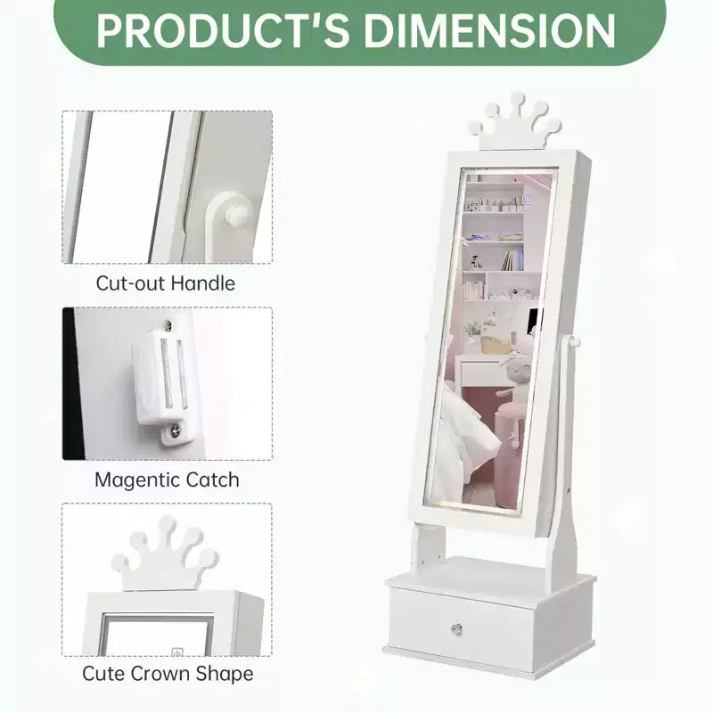 Armadio Portagioie per Bambini con Specchio a Figura Intera, Organizzatore Portagioie Autoportante con 46 Vani e Cassetti, Mobile Toilette Trucco per Bambini