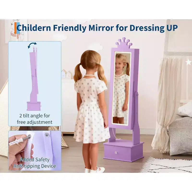 Armadio Portagioie per Bambini con Specchio a Figura Intera, Organizzatore Portagioie Autoportante con 46 Vani e Cassetti, Mobile Toilette Trucco per Bambini