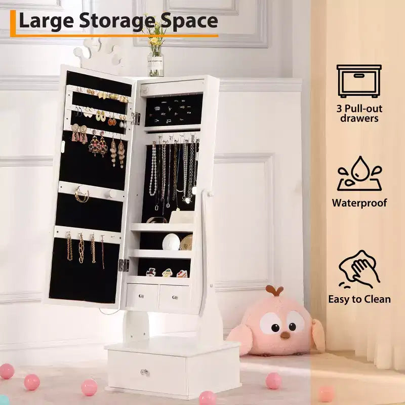 Armadio Portagioie per Bambini con Specchio a Figura Intera, Organizzatore Portagioie Autoportante con 46 Vani e Cassetti, Mobile Toilette Trucco per Bambini
