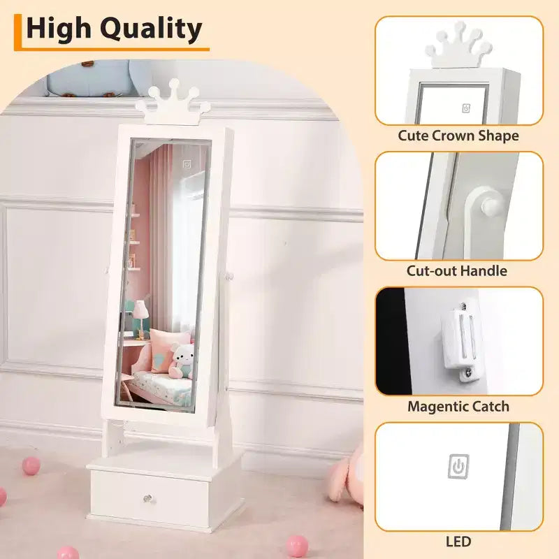 Armadio Portagioie per Bambini con Specchio a Figura Intera, Organizzatore Portagioie Autoportante con 46 Vani e Cassetti, Mobile Toilette Trucco per Bambini