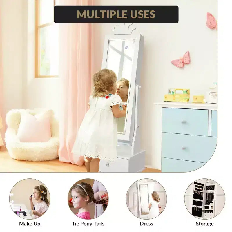 Armadio Portagioie per Bambini con Specchio a Figura Intera, Organizzatore Portagioie Autoportante con 46 Vani e Cassetti, Mobile Toilette Trucco per Bambini