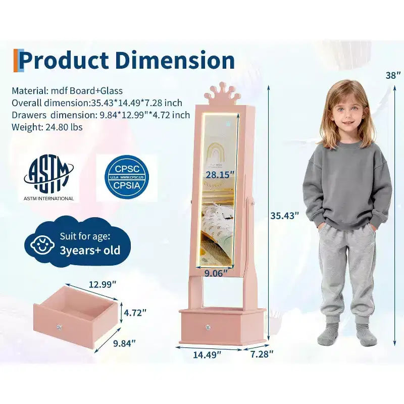 Armadio Portagioie per Bambini con Specchio a Figura Intera, Organizzatore Portagioie Autoportante con 46 Vani e Cassetti, Mobile Toilette Trucco per Bambini