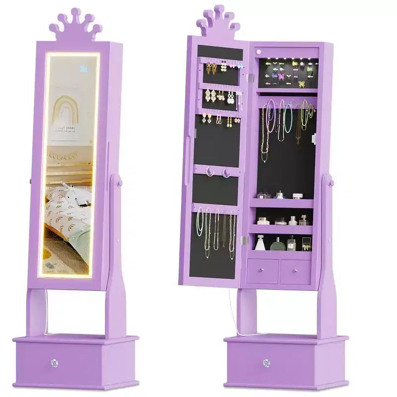 Armadio Portagioie per Bambini con Specchio a Figura Intera, Organizzatore Portagioie Autoportante con 46 Vani e Cassetti, Mobile Toilette Trucco per Bambini