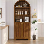 Acekool Tall Wood Arch-Top Storage Cabinet, 5-Shelf Bookcase with Doors, Adjustable Pantry Cupboard for Living Room Kitchen