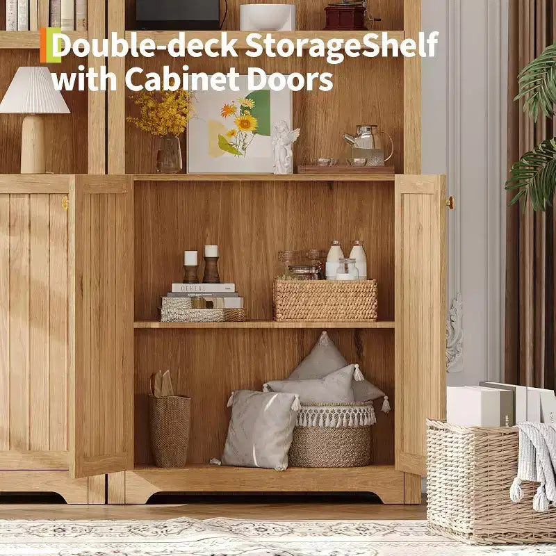 Mobile dispensa alto in legno con piano ad arco, libreria a 5 ripiani con ante, credenza regolabile per soggiorno e cucina