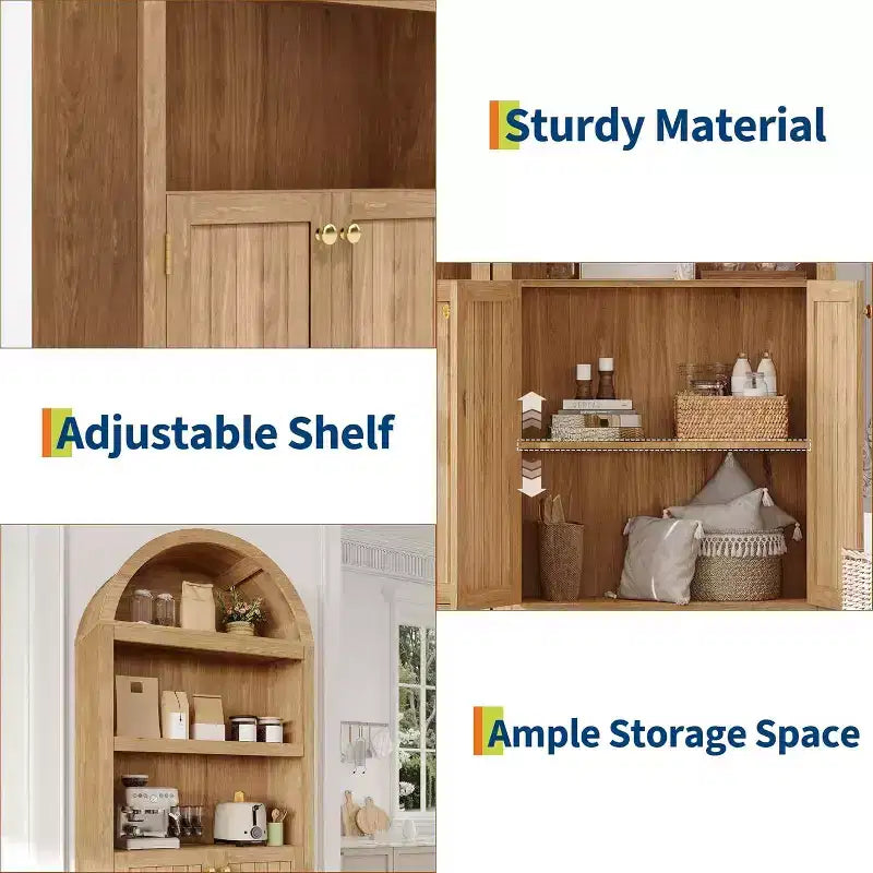 Mobile dispensa alto in legno con piano ad arco, libreria a 5 ripiani con ante, credenza regolabile per soggiorno e cucina