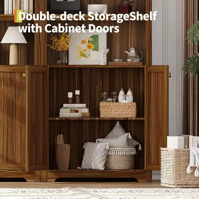 Mobile dispensa alto in legno con piano ad arco, libreria a 5 ripiani con ante, credenza regolabile per soggiorno e cucina