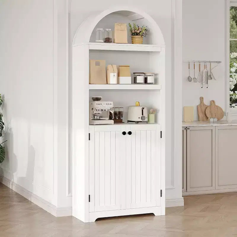 Mobile dispensa alto in legno con piano ad arco, libreria a 5 ripiani con ante, credenza regolabile per soggiorno e cucina