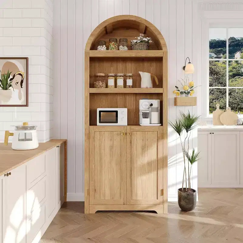 Mobile dispensa alto in legno con piano ad arco, libreria a 5 ripiani con ante, credenza regolabile per soggiorno e cucina