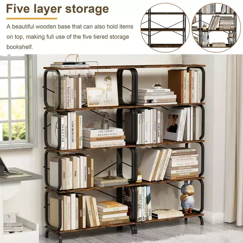 Libreria alta da terra, libreria aperta a 5 ripiani con display vintage, organizer industriale per libreria alta per soggiorno, camera da letto, ufficio domestico