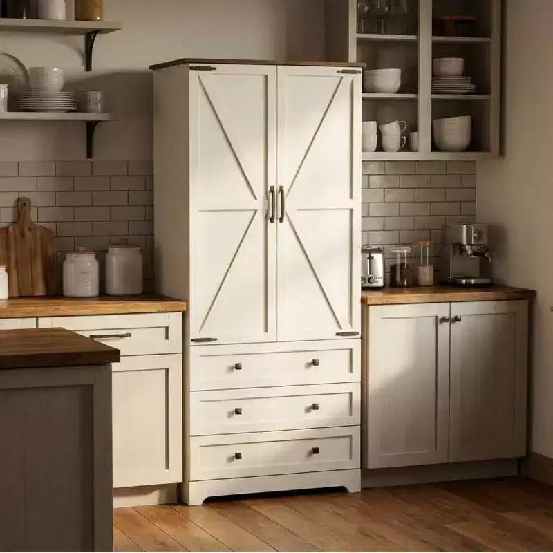 Dispensa da Cucina a Colonna in Legno Stile Rustico da 72" con Ripiani Regolabili, 2 Ante Scorrevoli e 3 Cassetti, Soluzione di Archiviazione Versatile