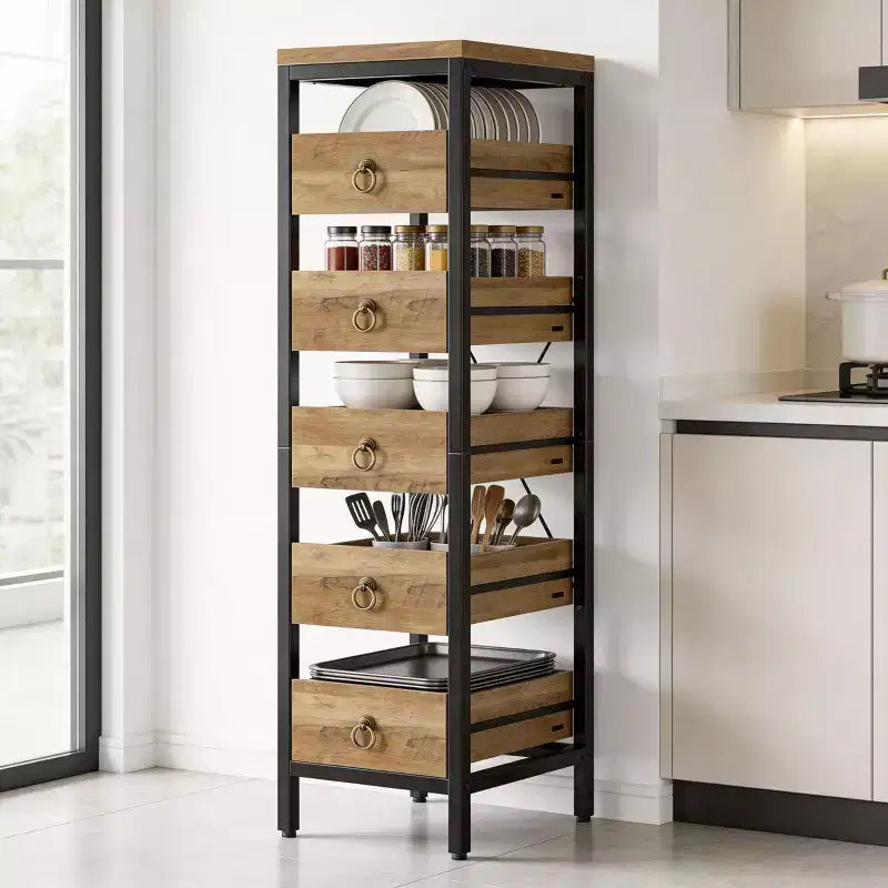 Cassettiera contenitore decorativa, Comò piccolo con struttura in metallo e cassetti in legno massello, Cassettiera multifunzionale per cucina, camera da letto, soggiorno