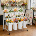 Espositore per Fiori, Carrello Porta Fiori a 3 Livelli con 12 Secchi Rotondi e Ruote, Espositore Mobile per Fiori per Giardino, Matrimoni, Negozi di Fiori