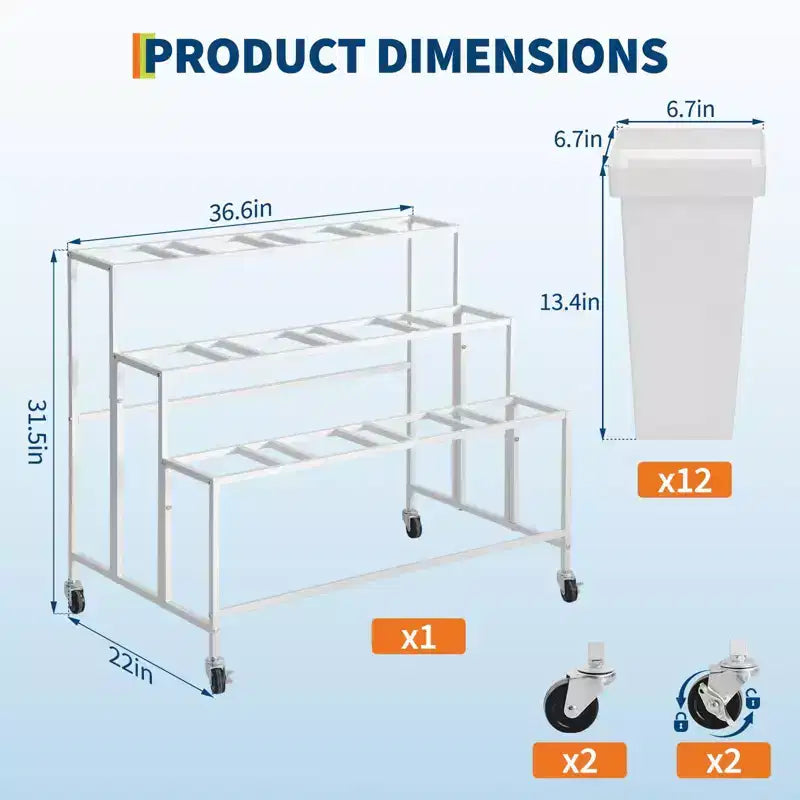 Espositore per Fiori, Carrello Porta Fiori a 3 Livelli con 12 Secchi Rotondi e Ruote, Espositore Mobile per Fiori per Giardino, Matrimoni, Negozi di Fiori