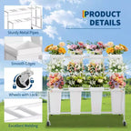 Espositore per Fiori, Carrello Porta Fiori a 3 Livelli con 12 Secchi Rotondi e Ruote, Espositore Mobile per Fiori per Giardino, Matrimoni, Negozi di Fiori