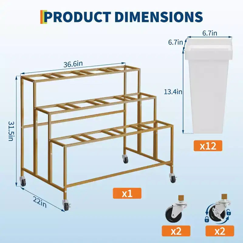 Espositore per Fiori, Carrello Porta Fiori a 3 Livelli con 12 Secchi Rotondi e Ruote, Espositore Mobile per Fiori per Giardino, Matrimoni, Negozi di Fiori