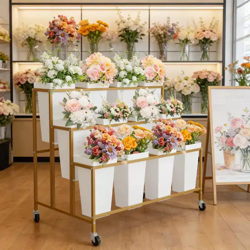 Espositore per Fiori, Carrello Porta Fiori a 3 Livelli con 12 Secchi Rotondi e Ruote, Espositore Mobile per Fiori per Giardino, Matrimoni, Negozi di Fiori