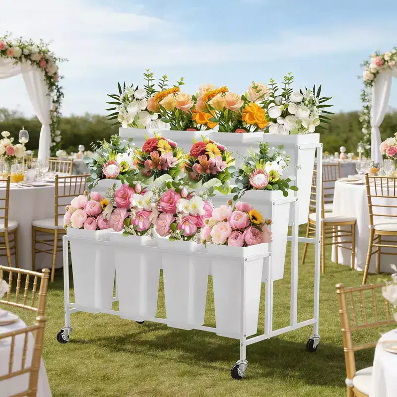 Espositore per Fiori, Carrello Porta Fiori a 3 Livelli con 12 Secchi Rotondi e Ruote, Espositore Mobile per Fiori per Giardino, Matrimoni, Negozi di Fiori