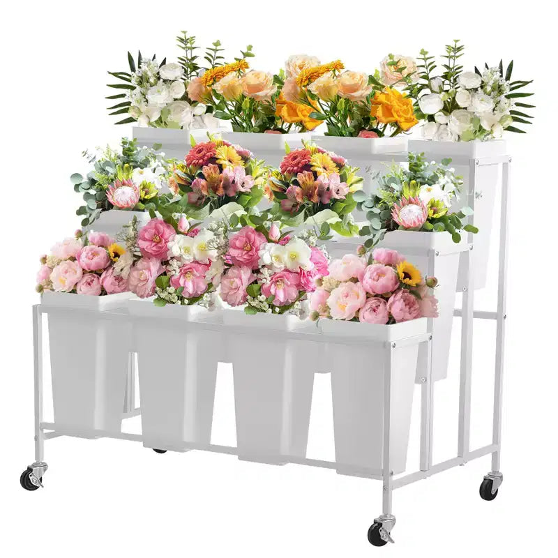 Espositore per Fiori, Carrello Porta Fiori a 3 Livelli con 12 Secchi Rotondi e Ruote, Espositore Mobile per Fiori per Giardino, Matrimoni, Negozi di Fiori