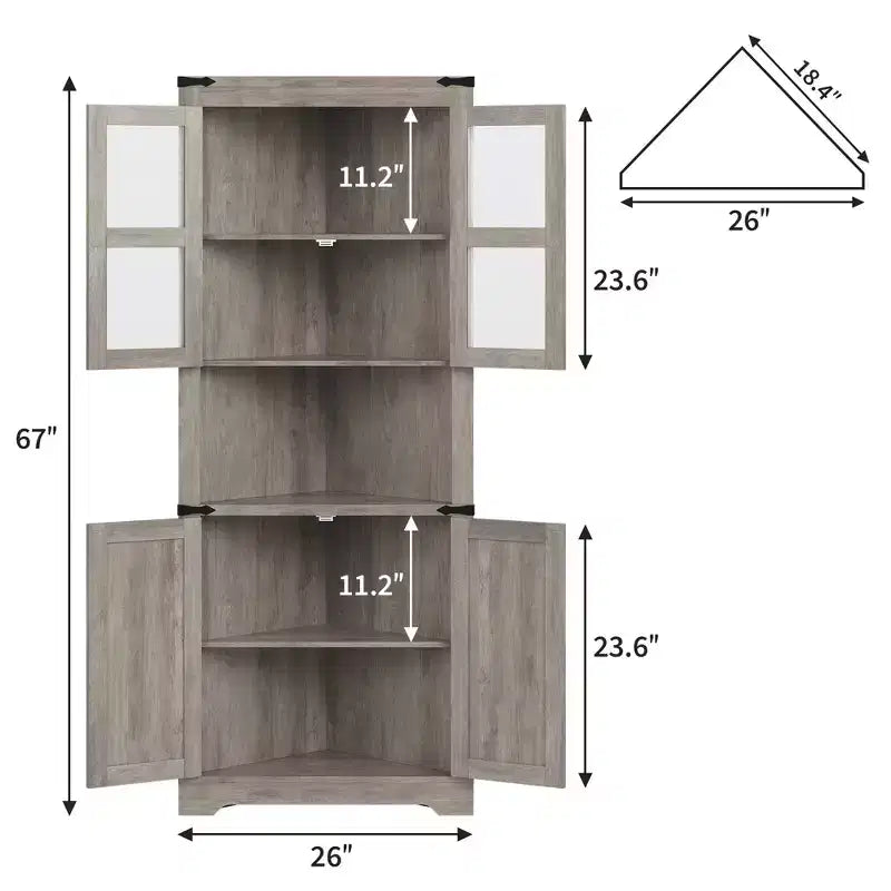 Armadietto angolare alto 69 pollici con ante, mobile angolare a 6 ripiani, scaffale salvaspazio da terra per bagno, soggiorno, cucina e corridoio
