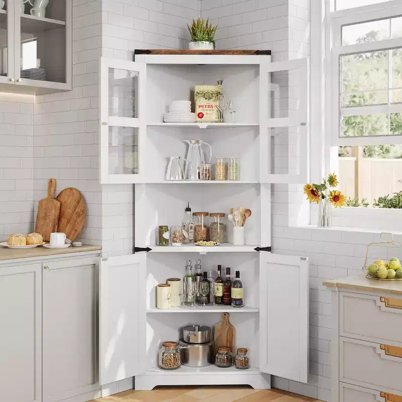 Armadietto angolare alto 69 pollici con ante, mobile angolare a 6 ripiani, scaffale salvaspazio da terra per bagno, soggiorno, cucina e corridoio