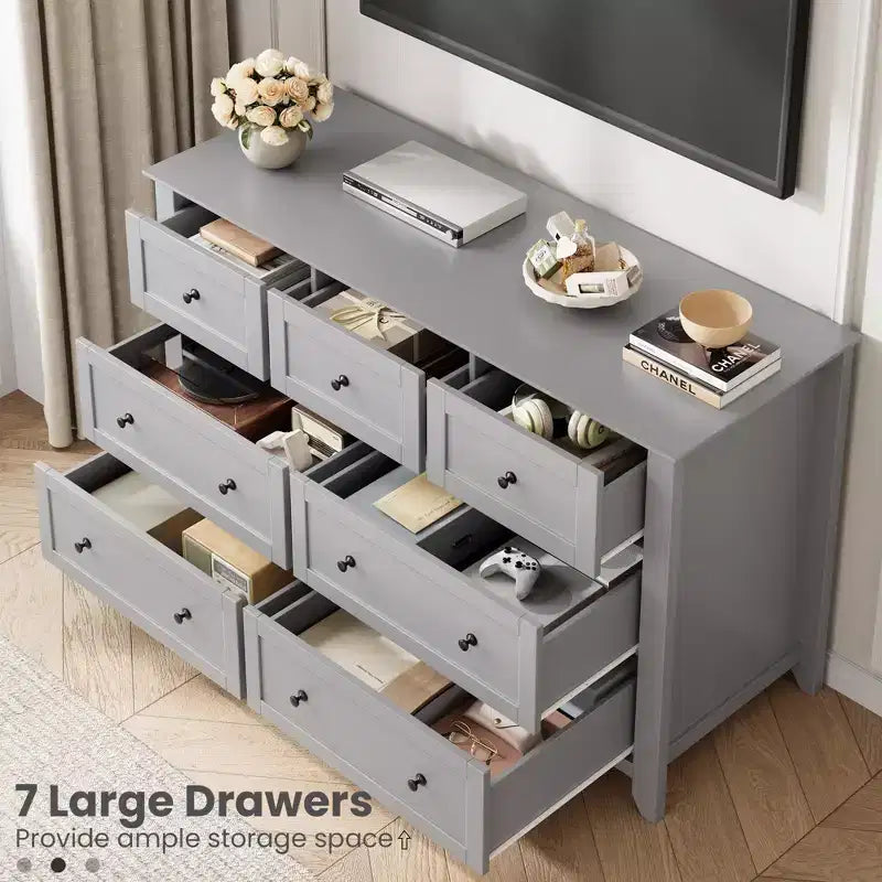 Comò moderno in legno a 7 cassetti, cassettiera grande larga 54 pollici con cassetti profondi e pomelli in metallo per camera da letto, ingresso e corridoio