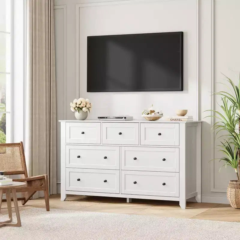 Comò moderno in legno a 7 cassetti, cassettiera grande larga 54 pollici con cassetti profondi e pomelli in metallo per camera da letto, ingresso e corridoio