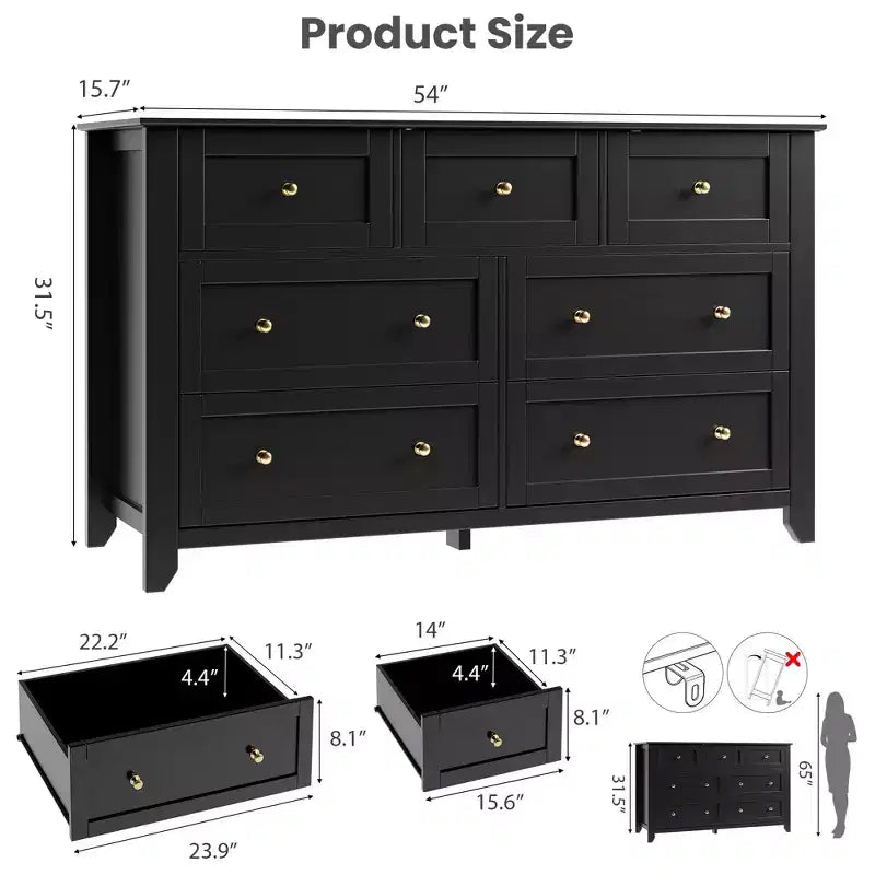 Comò moderno in legno a 7 cassetti, cassettiera grande larga 54 pollici con cassetti profondi e pomelli in metallo per camera da letto, ingresso e corridoio