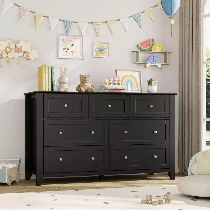 Comò moderno in legno a 7 cassetti, cassettiera grande larga 54 pollici con cassetti profondi e pomelli in metallo per camera da letto, ingresso e corridoio
