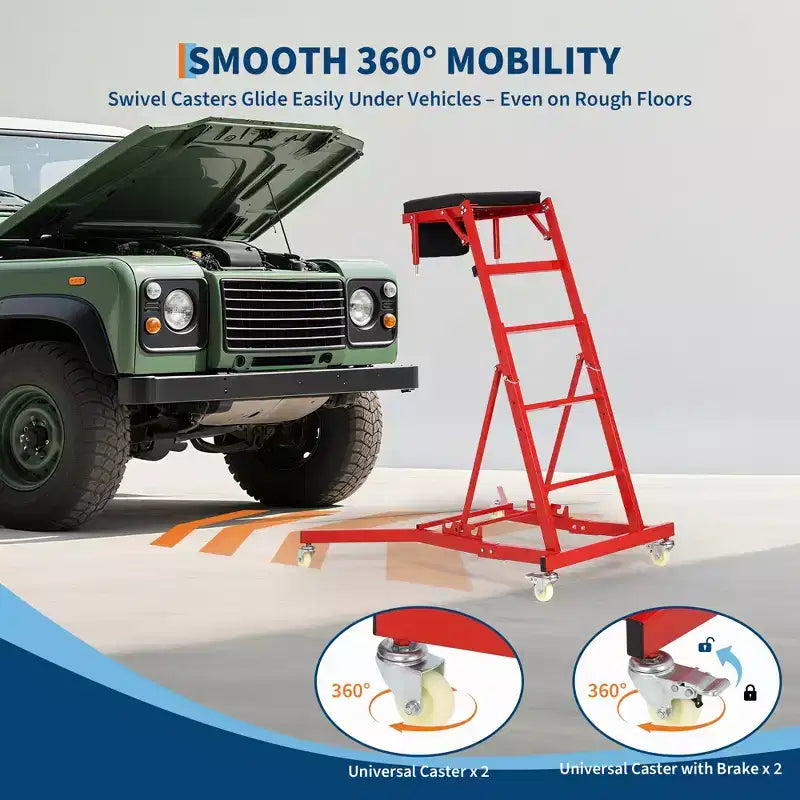 Sedile carrellino per lavori pesanti per camion e SUV - Altezza regolabile, capacità 180 kg, seduta imbottita, ruote girevoli con blocco, borsa portautensili - Colori multipli