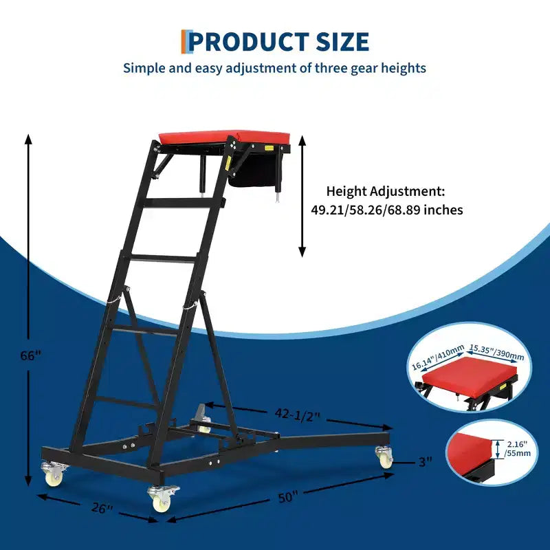 Sedile carrellino per lavori pesanti per camion e SUV - Altezza regolabile, capacità 180 kg, seduta imbottita, ruote girevoli con blocco, borsa portautensili - Colori multipli