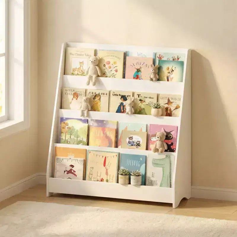 Scaffale portaoggetti per bambini a 4 livelli, organizer giocattoli e libri per bambini, per camera da letto, sala giochi, aula, bianco